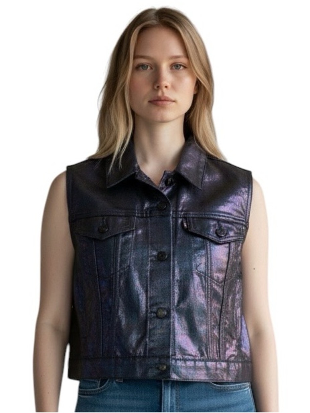 LEVI’S Holographic Iridescent Denim Vest Dark Blue Metallic Size XL